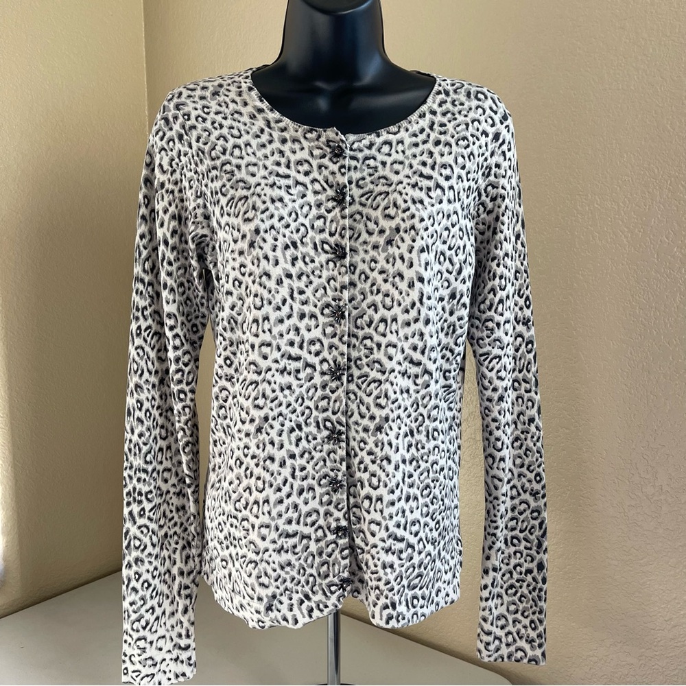 LACQUER Silk Blend Embellished Cardigan S Gray Animal Print EUC